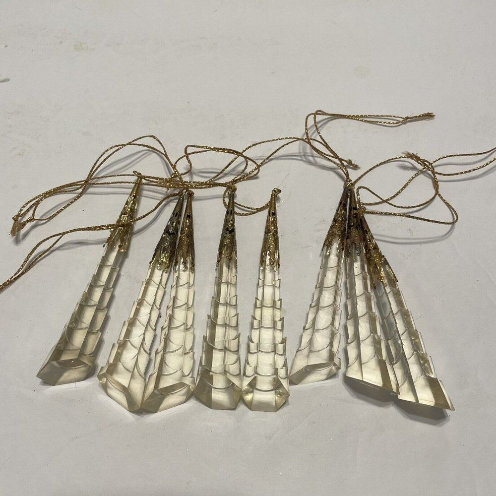 vintage 8 a- Acrylic Prism Icicle Christmas Tree Ornaments Gold Ornate Tops